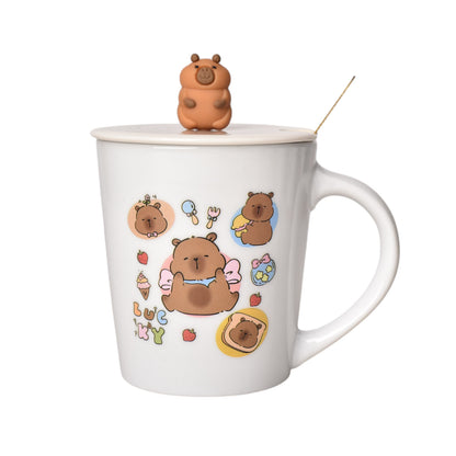 MUG POCILLO CON TAPA CUCHARA CERAMICA DISEÑOS CAPYBARA 450ML