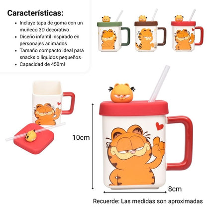 MUG POCILLO CERAMICA CON TAPA Y PITILLO PERSONAJE 450ML DIM:10X8