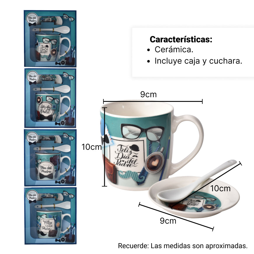 mug ceramica pocillo dia del padre con plato y cuchara