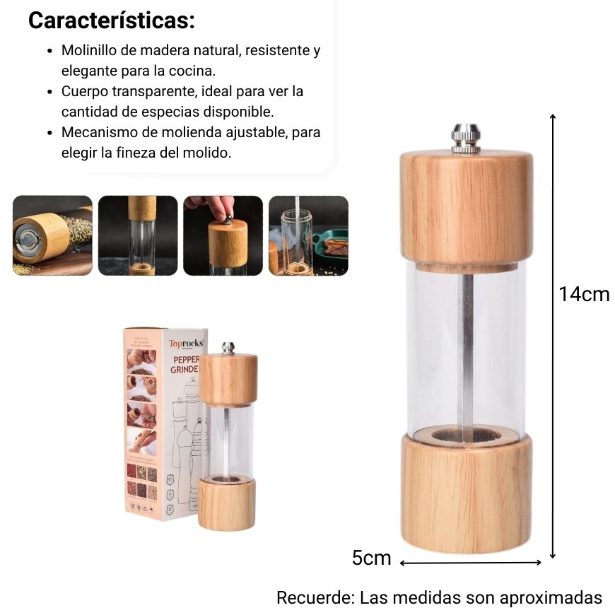 pimentero de madera y plastico molino pimienta sal dim:5x5x14