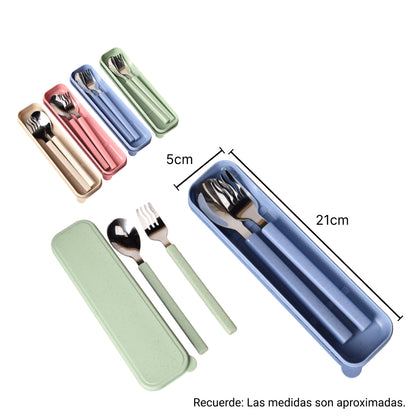 SET CUBIERTOS PORTATILES PLASTICO + ACERO VARIOS COLORES DIM