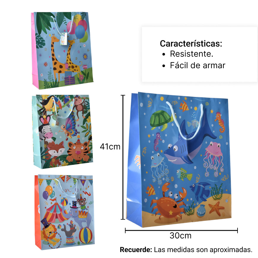bolsa regalo papel infantil animales grande dim: 30x41x11