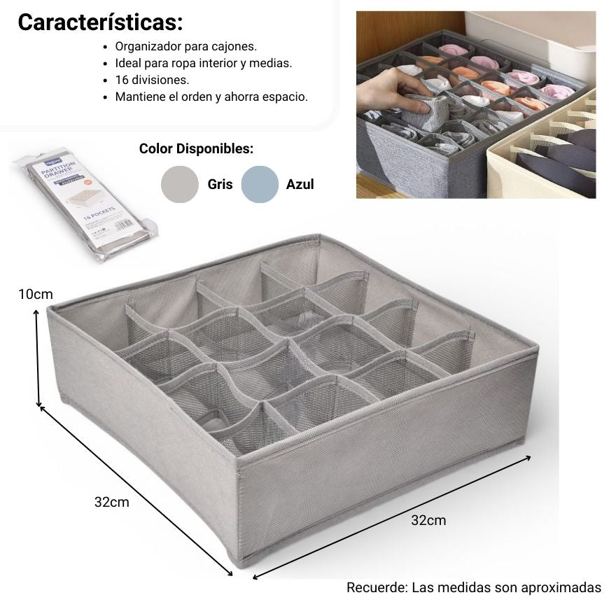 organizador de ropa con 16 divisiones fibra poliester dim:32x32x10
