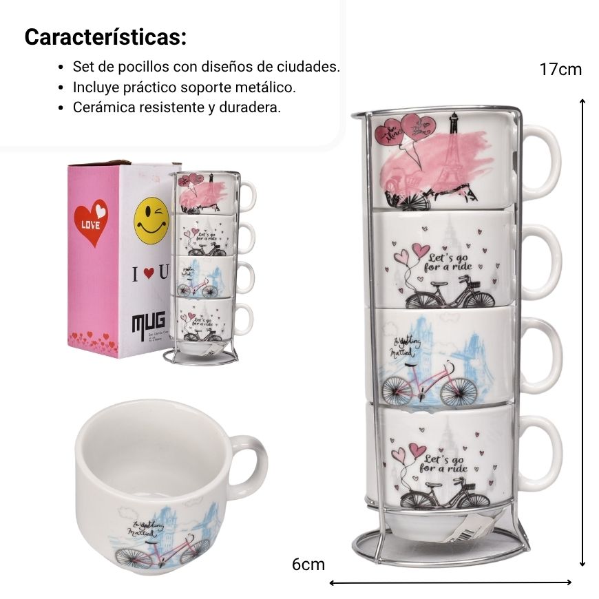pocillo set 4pcs ceramica con base dim:7x17cm