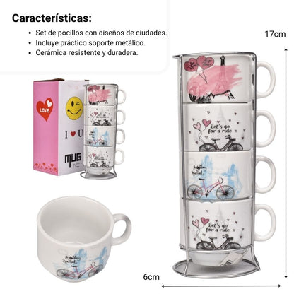 POCILLO SET 4PCS CERAMICA CON BASE DIM:7X17CM