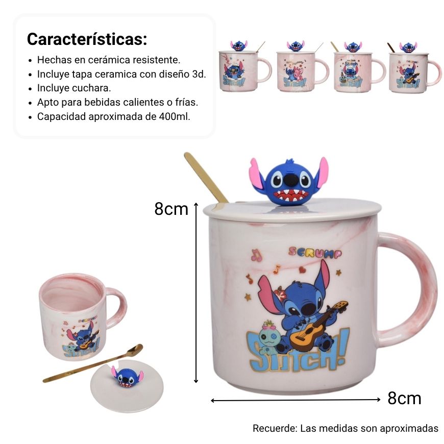 mug pocillo con tapa y  cuchara de ceramica personaje 400ml