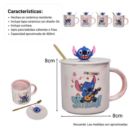 MUG POCILLO CON TAPA Y  CUCHARA DE CERAMICA PERSONAJE 400ML