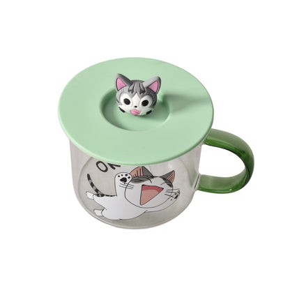 MUG POCILLO TRANSPARENTE DISEÑO DE GATOS EN VIDRIO CON TAPA