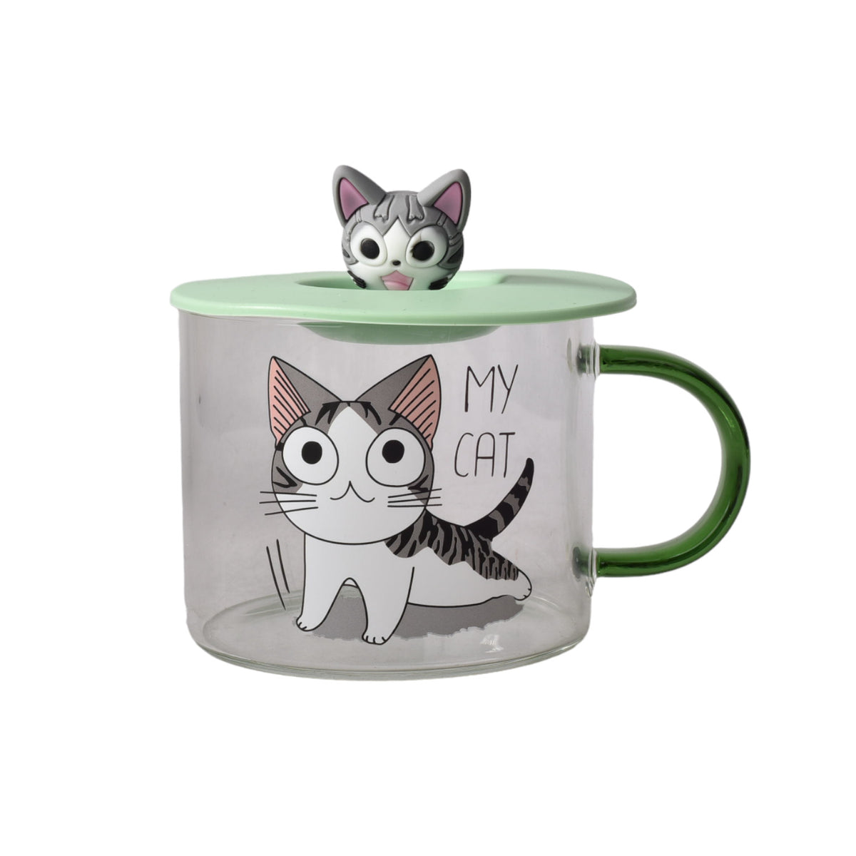 mug pocillo transparente diseño de gatos en vidrio con tapa