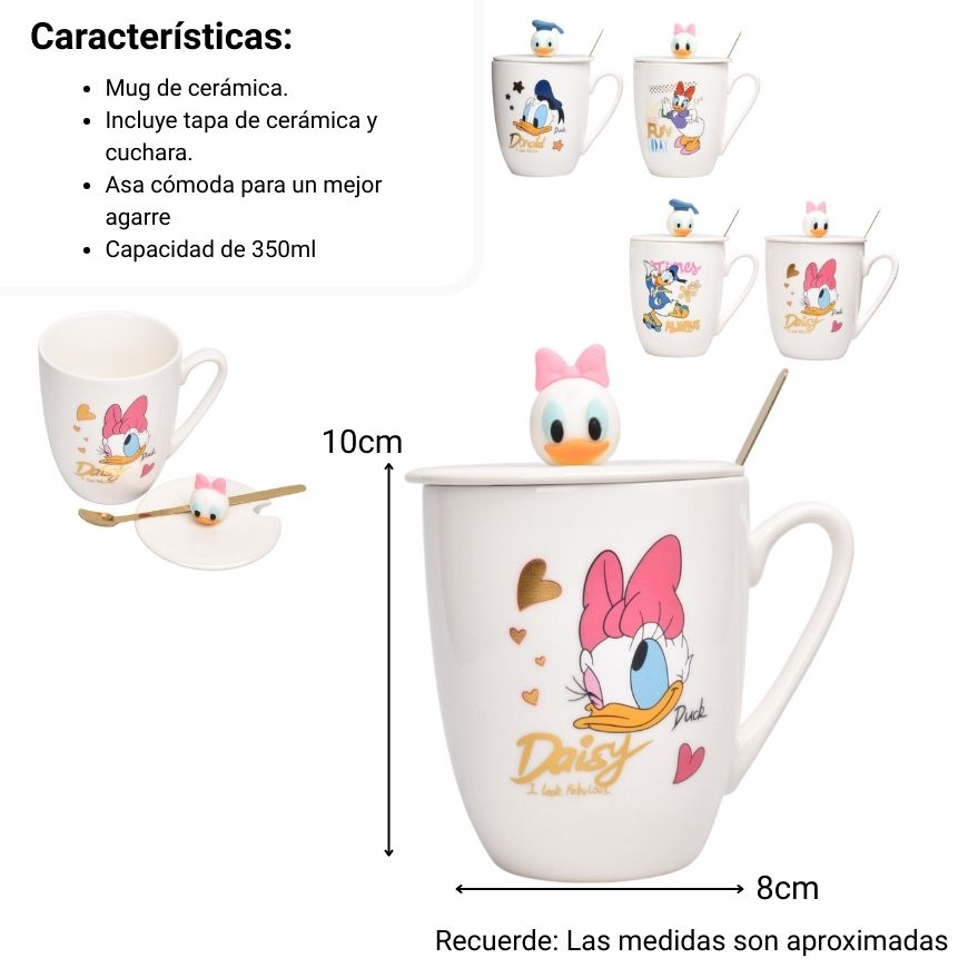mug pocillo ceramica personaje con tapa y cuchara 350ml dim:10x8