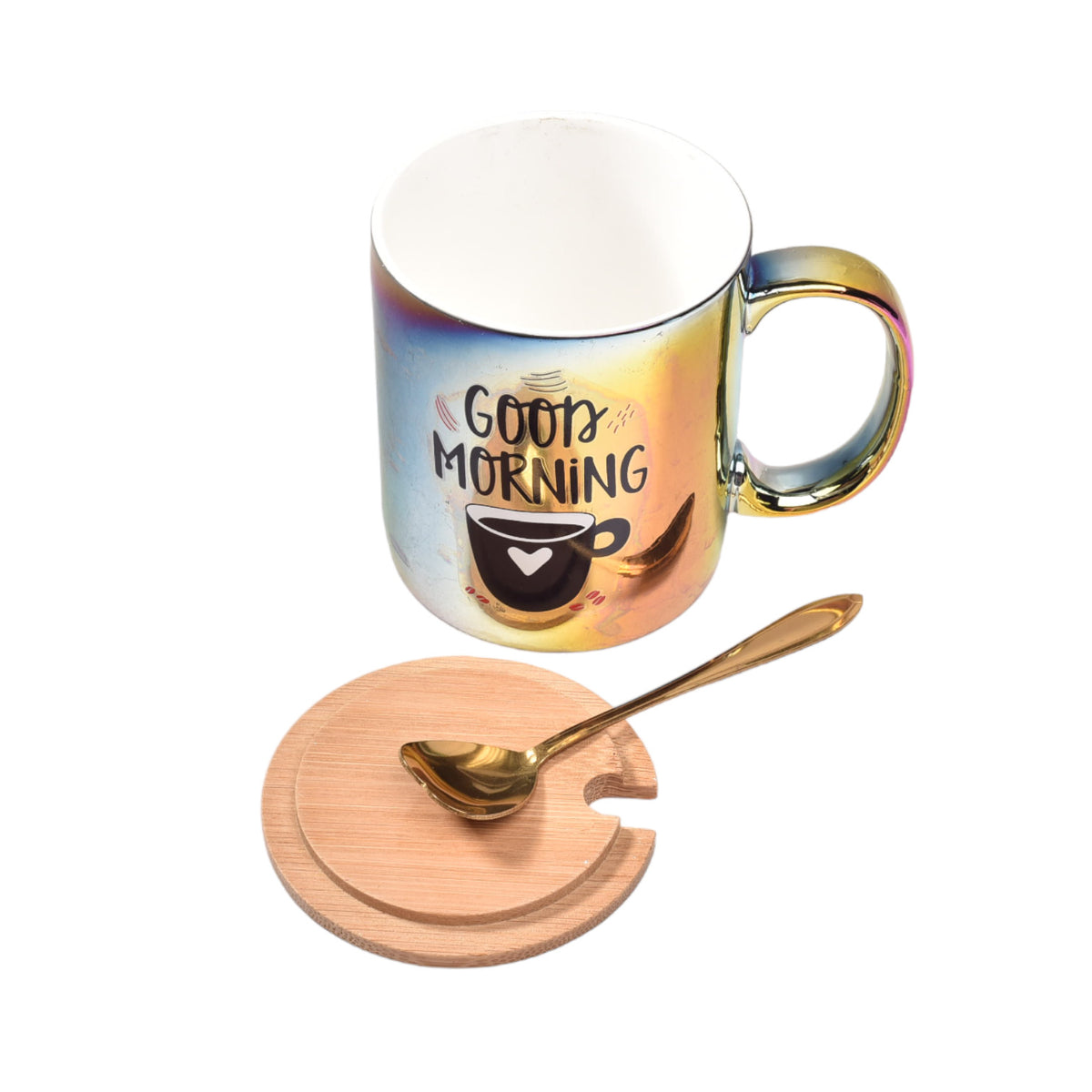 pocillo tornasol mug ceramica con tapa madera y cuchara