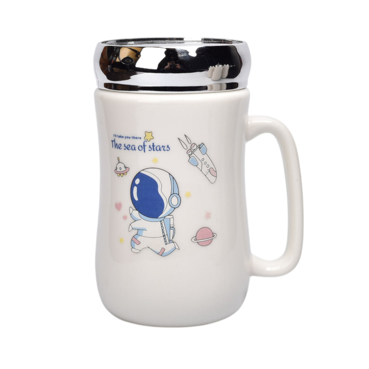 pocillo ceramica diseño astronauta con tapa 450ml dim:7x14