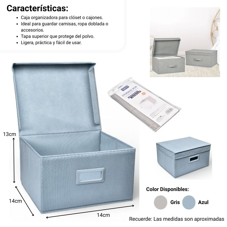 organizador de ropa con tapa fibra poliester gris azul dim:35x30x20