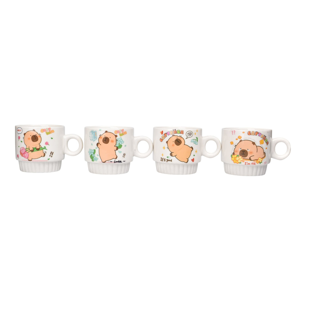 set 4pcs pocillos con base ceramica 250ml diseño capybara dim:8x8x8