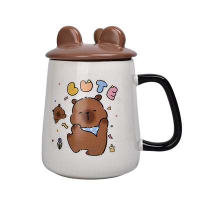 MUG POCILLO CON TAPA CUCHARA CERAMICA DISEÑOS CAPYBARA 400ML