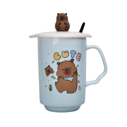 MUG POCILLO CON TAPA DE CERAMICA 360ML CAPYBARA  DIM:11X7X7