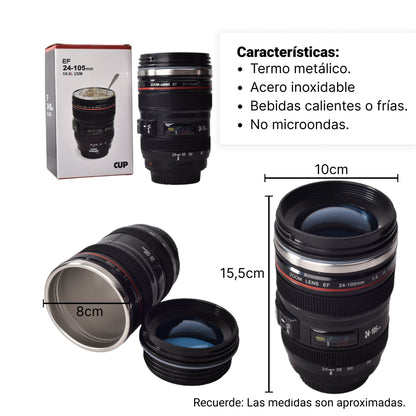 TERMO METALICO 400ML VASO NEGRO FORMA LENTE CAMARA