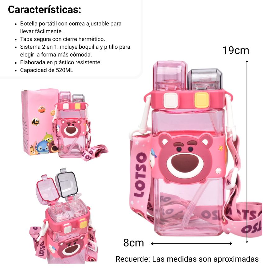 botella de agua 520ml personaje plastico fucsia dim:19x8