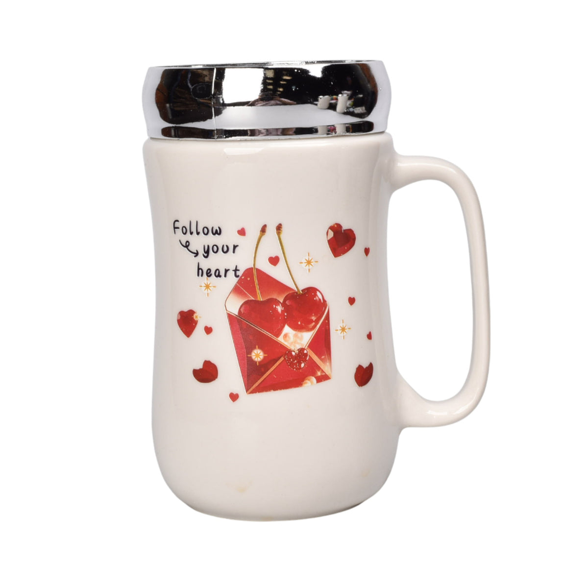 mug pocillo ceramica tapa espejo diseño corazones 450ml