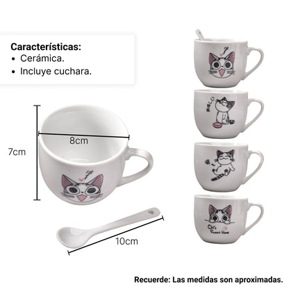 POCILLO GATO CERAMICA CON CUCHARA DIM: 7x7x6
