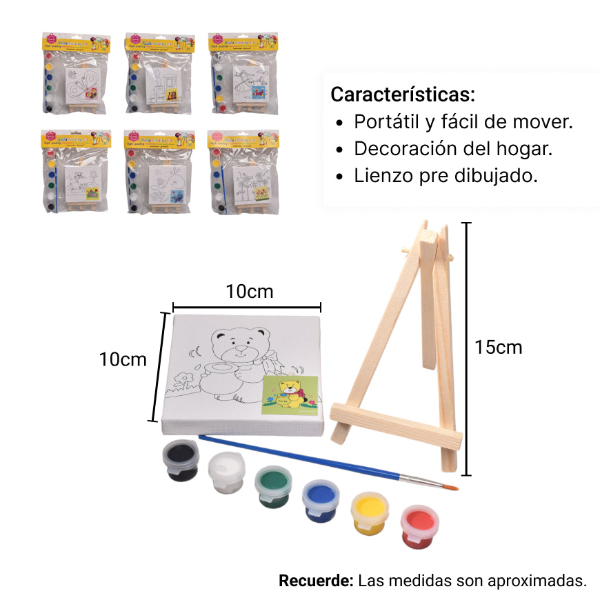 set lienzo cuadrado con soporte madera+fibra con temperas