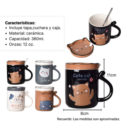 MUG POCILLO CERAMICA CON TAPA DISEÑO GATOS 360ML DIM:8*8*11
