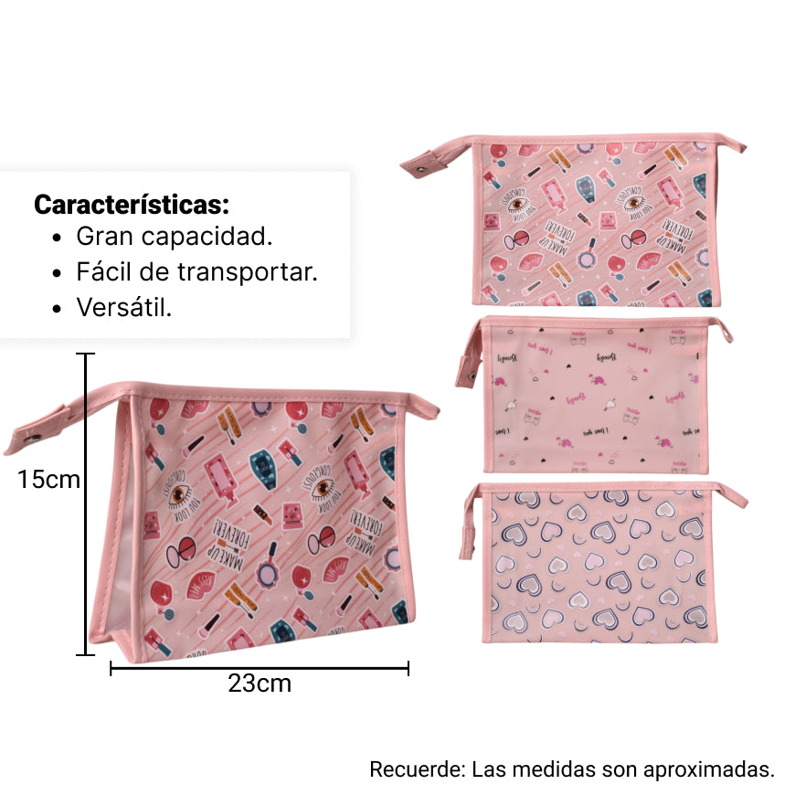 cosmetiquera maquillaje pvc rosado dim:22x16x6