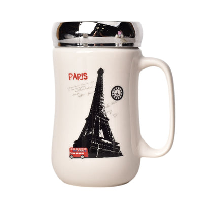 MUG POCILLO CERAMICA CON TAPA DIFERENTES DISEÑOS 440ML DIM:8