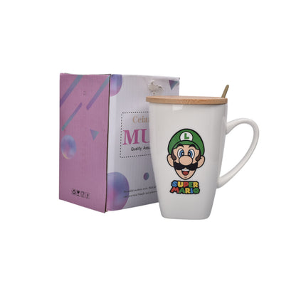 MUG POCILLO CERAMICA PERSONAJE CON TAPA DE MADERA 380ML