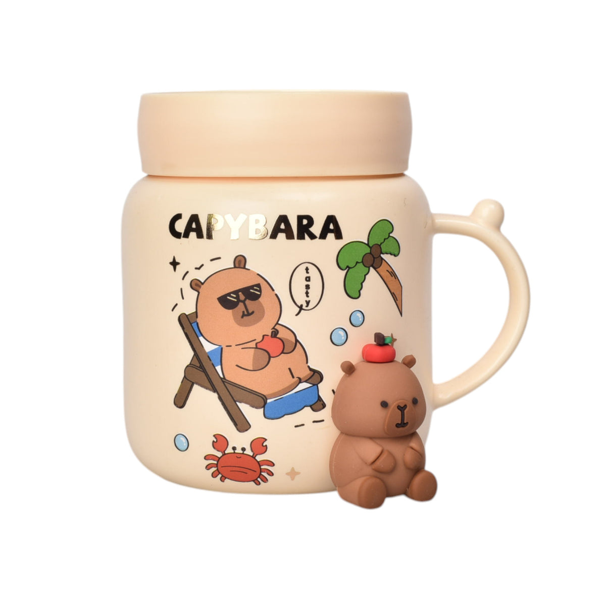 mug pocillo ceramica capybara con tapa espejo 400ml dim:8x10