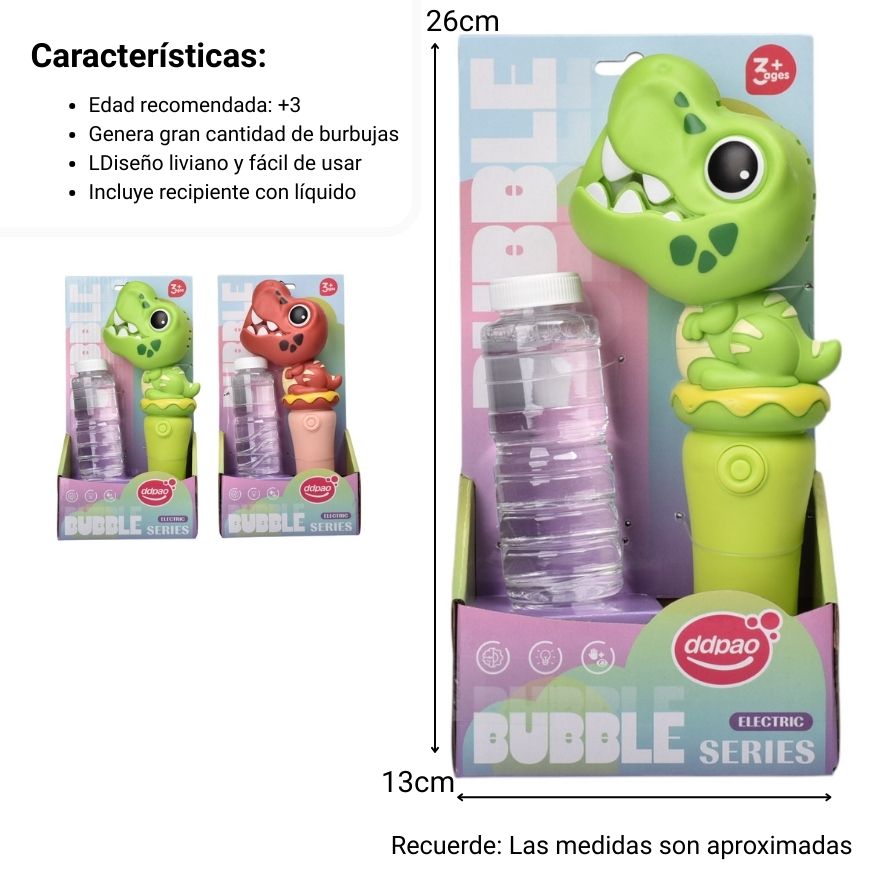 juguete pistola de burbujas dinosaurio plastico dim:13x6x26