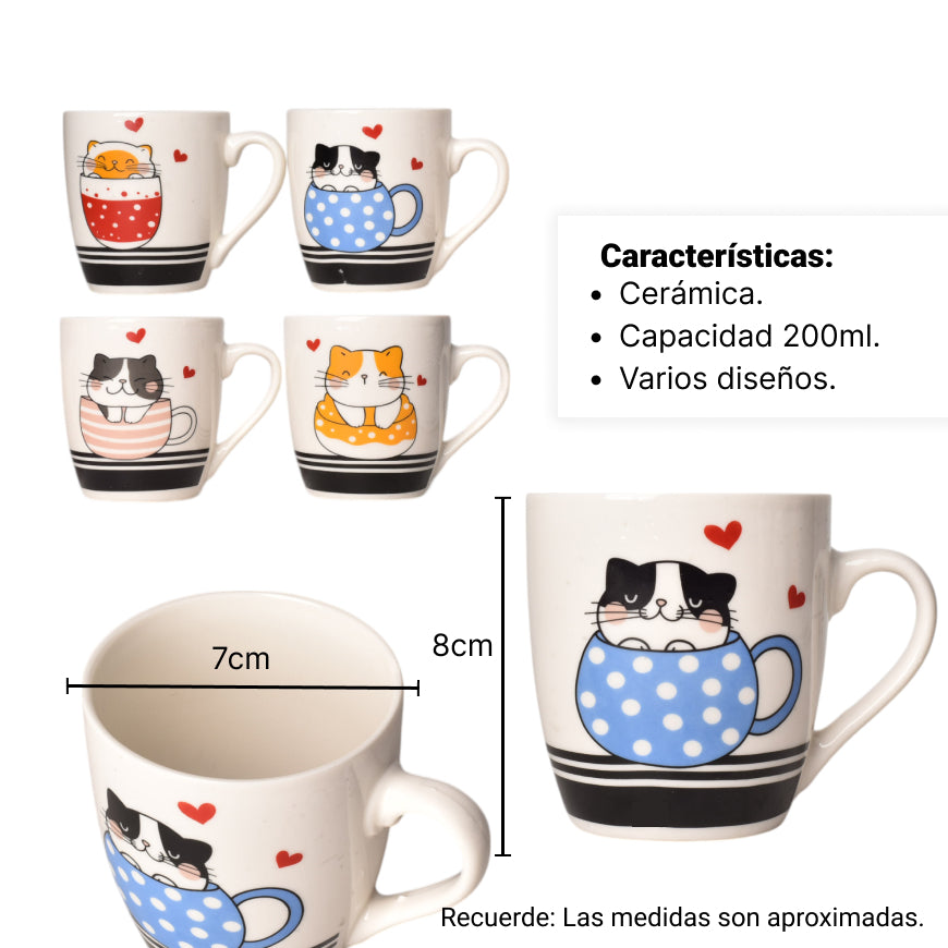 mug pocillo ceramica diseño de gatos 200ml dim:7x7x8