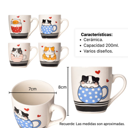 MUG POCILLO CERAMICA DISEÑO DE GATOS 200ML DIM:7X7X8
