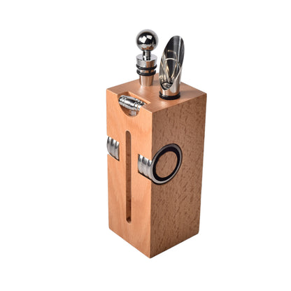 KIT DESCORCHADOR DE VINO ACERO INOXIDABLE CON BASE DE MADERA