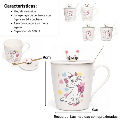 MUG POCILLO CERAMICA PERSONAJE CON TAPA Y CUCHARA 370ML DIM:9X8