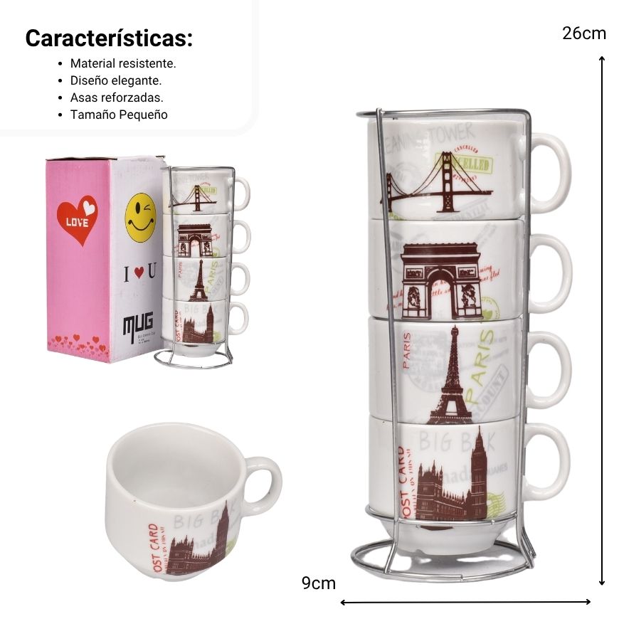 pocillo set 4pcs ceramica con base dim:26x9cm