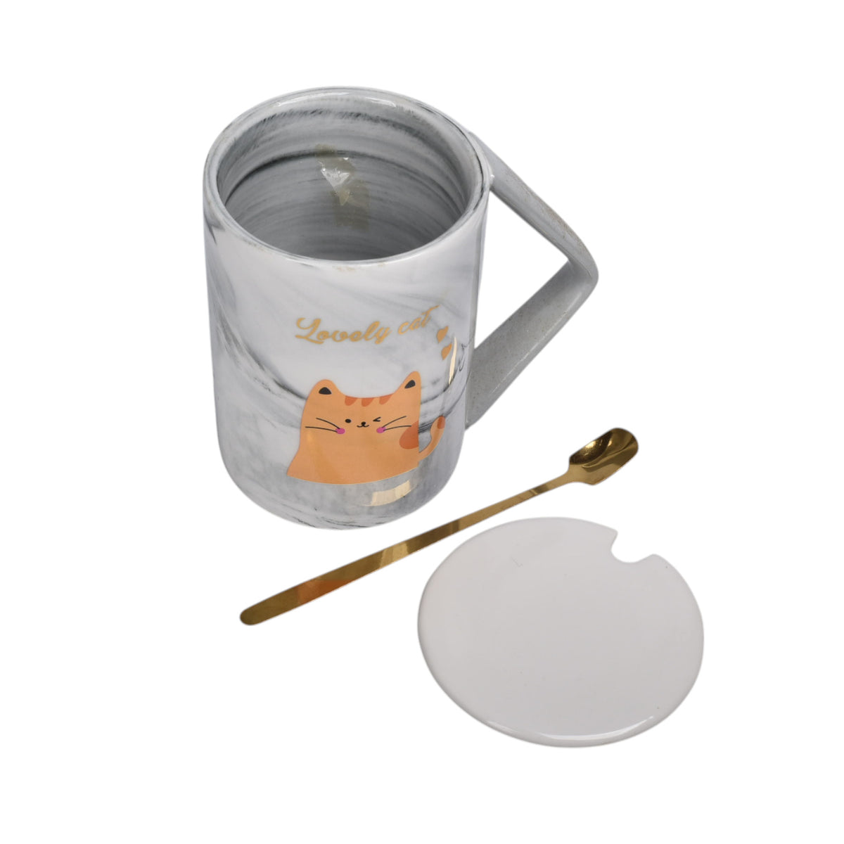 mug pocillo con tapa y  cuchara de ceramica diseño gatos 430ml dim:8x8x11