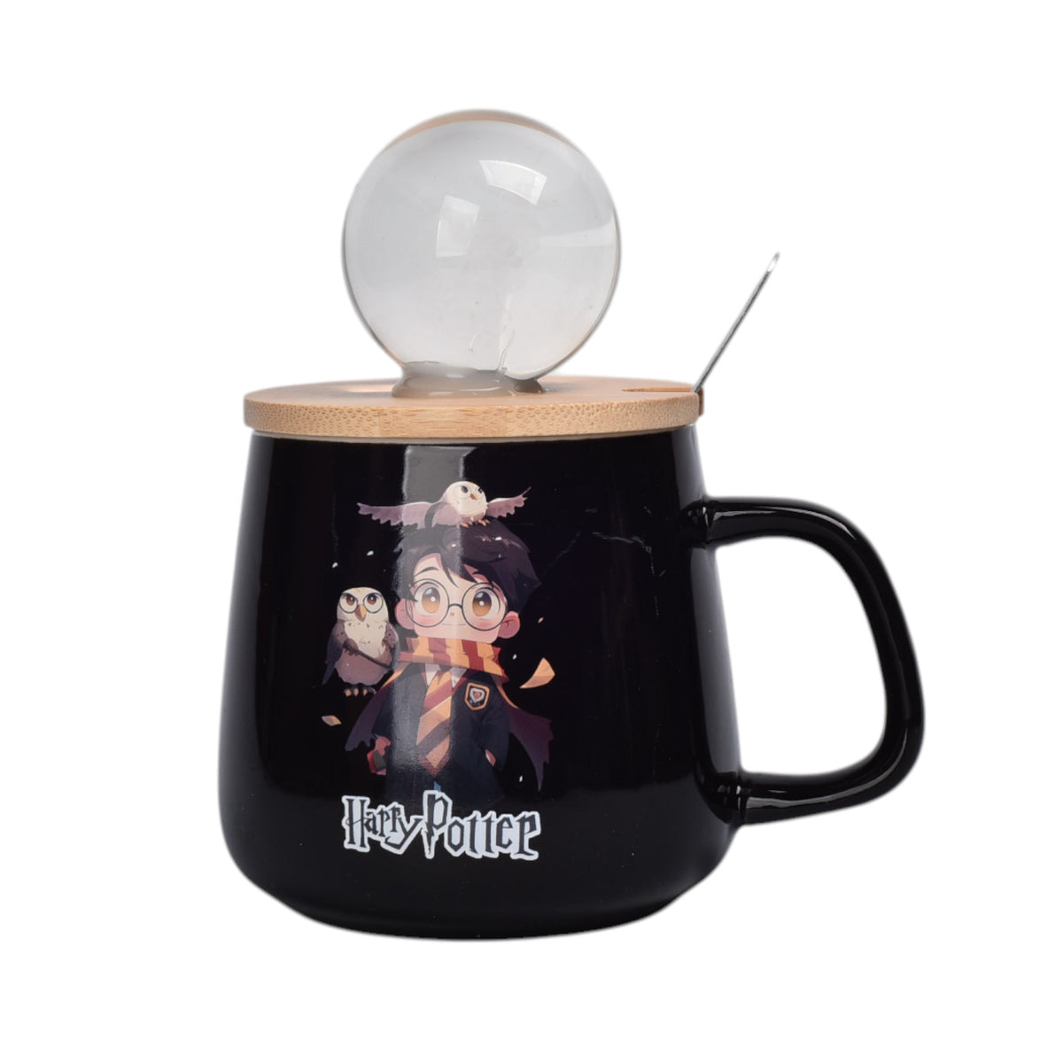 mug pocillo de ceramica personaje con tapa de madera y esfera 400ml