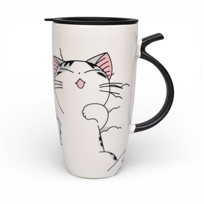 MUG POCILLO CERAMICA DISEÑOS GATOS CON TAPA DE 550ML