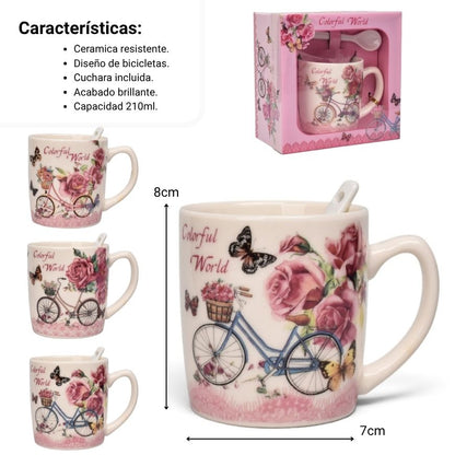POCILLO SET CERAMICA CON CUCHARA FLORES 210ML
