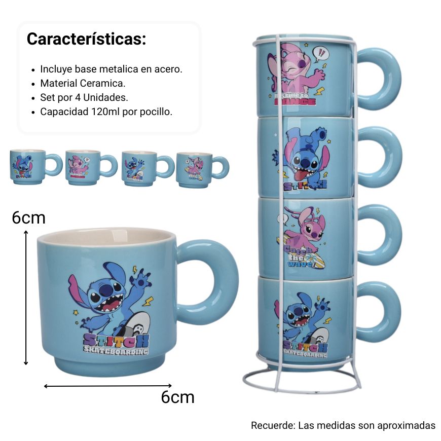 set 4pcs pocillos ceramica con base 120ml personaje