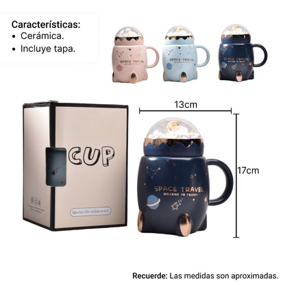 MUG CERAMICA POCILLO DE ESPACIO CON TAPA