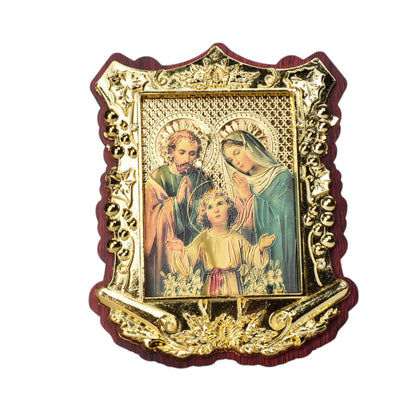 ADORNO DORADO CON IMAGEN CATOLICA PLASTICA DIM:10X13