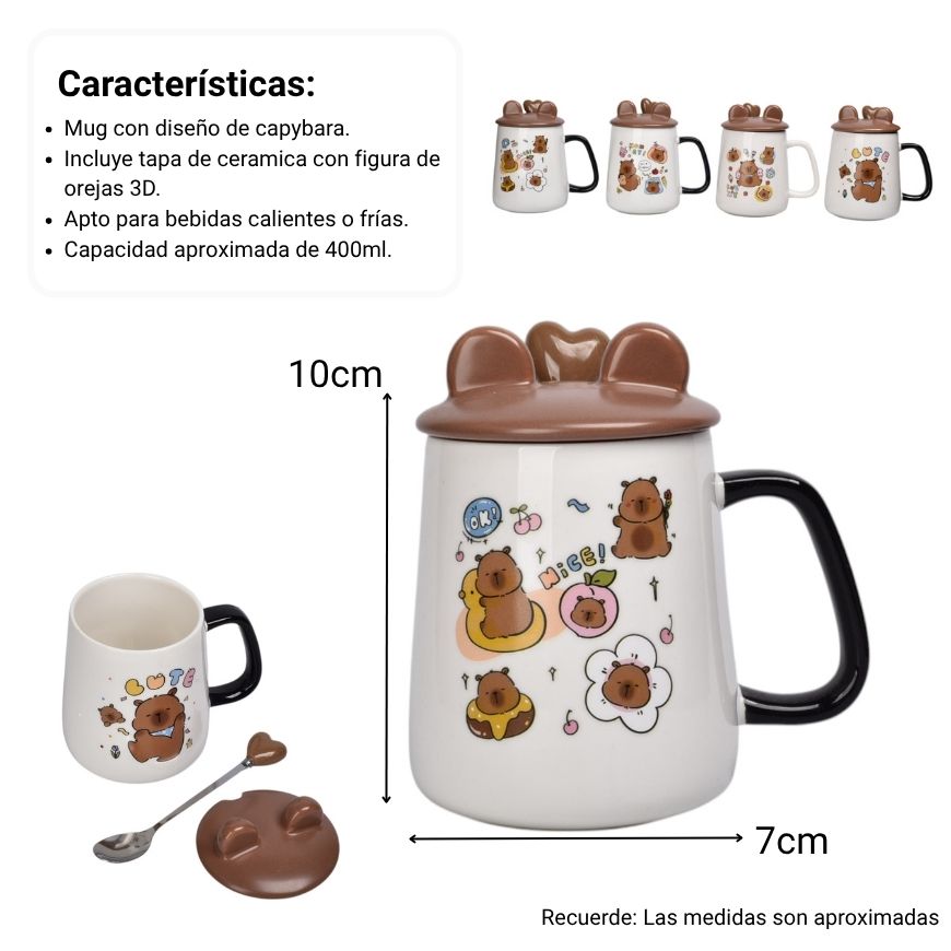 mug pocillo con tapa cuchara ceramica diseños capybara 400ml
