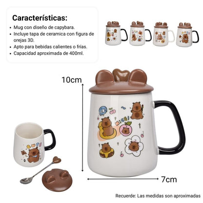 MUG POCILLO CON TAPA CUCHARA CERAMICA DISEÑOS CAPYBARA 400ML