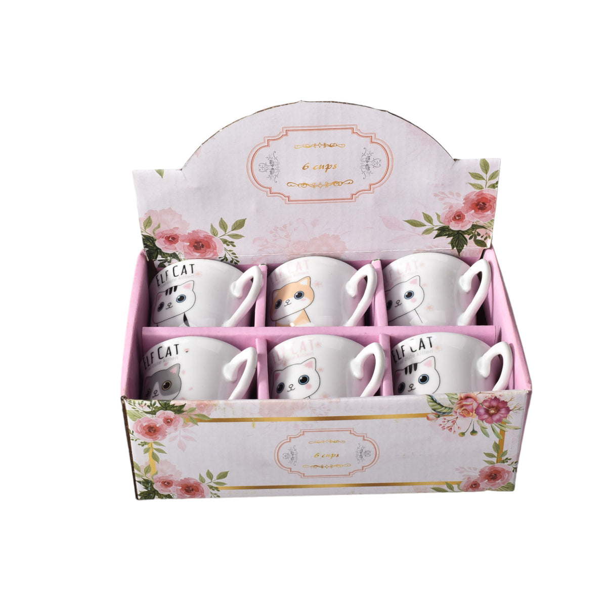 caja de pocillo por 6 unidades ceramica diseño de gatos
