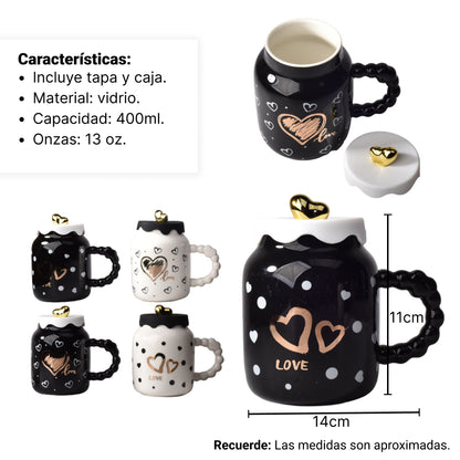 MUG POCILLO CERAMICA DISEÑOS DE CORAZONES CON TAPA