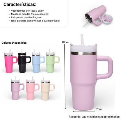 TERMO ACERO INOXIDABLE CON TAPA Y PITILLO 420ML DIM:7X7X18