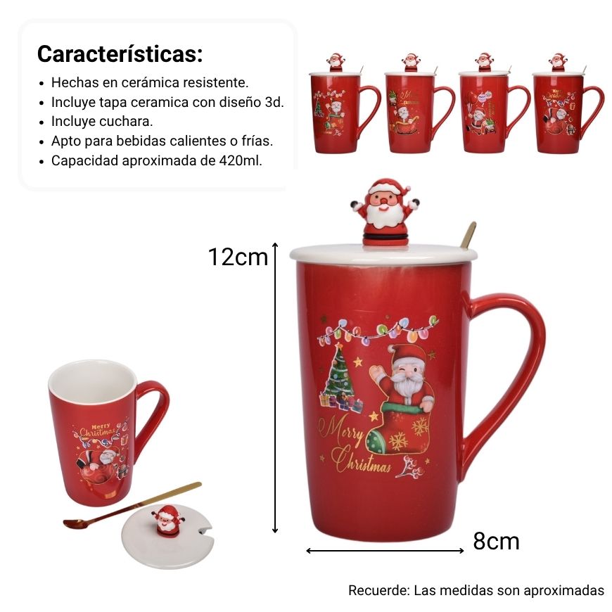 mug pocillo con tapa y  cuchara de ceramica navidad 420ml dim:8x8x12