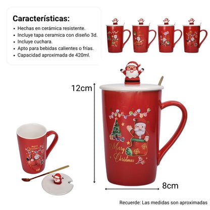 MUG POCILLO CON TAPA Y  CUCHARA DE CERAMICA NAVIDAD 420ML DIM:8X8X12